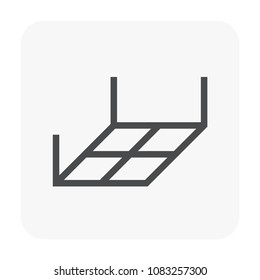 Ceiling frame vector icon consist of grid line of straight bar, support, hanger or hanging rod, holder, joist for installation or suspended board, gypsum panel, plasterboard or drywall. Editable strok