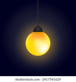 Ceiling hanging lamp, yellow bulb with light shadow, dark background, vector illustration.