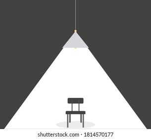 ceiling lamp with bright light catching a black chair from the darkness, art/flat illustration