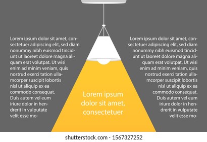 Ceiling lamp bulb as spotlight and text turn on creativity. Yellow spotlight. Lamp bulb silhouette. Minimal design. Flat vector illustration.