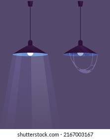 Ceiling Lamp In Cartoon Style. Chandelier Hanging On Cable With Light On In Dark Room. Element Of Interior, Electric Lamp With Cobweb. Basic Furniture For Home And Office, Lantern, Electricity
