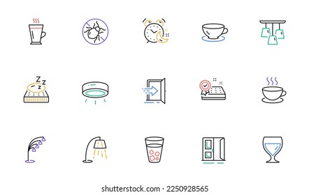 Ceiling lamp, Entrance and Open door line icons for website, printing. Collection of Mattress guarantee, Wine glass, Bed bugs icons. Led lamp, Alarm, Cappuccino web elements. Mattress. Vector