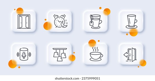 Ceiling lamp, Entrance and Teacup line icons pack. 3d glass buttons with blurred circles. Open door, Tea, Cappuccino web icon. Voice assistant, Alarm pictogram. For web app, printing. Vector