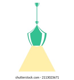 Lámpara de techo. Sombra verde, yeso verde claro, resplandor, haz de luz. Equipo de iluminación. Un elemento de un interior casero. Icono del vector, plano, cartografía, aislado