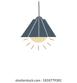 Lámpara de techo o luz colgante con una moderna lámpara y una bombilla luminosa aislada de fondo blanco. Iluminación interior y decoración interior, ilustración vectorial.