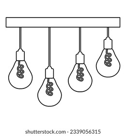 Ceiling lamp with hanging on cord bulbs, doodle style flat vector outline for coloring book