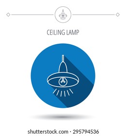 Ceiling lamp icon. Light illumination sign. Blue flat circle button. Linear icon with shadow. Vector
