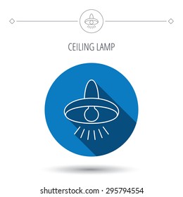 Ceiling lamp icon. Light illumination sign. Blue flat circle button. Linear icon with shadow. Vector