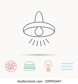 Ceiling lamp icon. Light illumination sign. Global connect network, ocean wave and burger icons. Lightbulb lamp symbol.