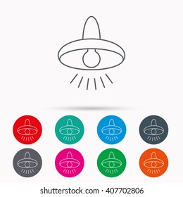 Ceiling lamp icon. Light illumination sign. Linear icons in circles on white background.
