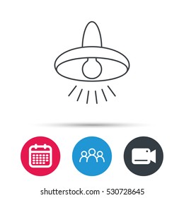 Ceiling lamp icon. Light illumination sign. Group of people, video cam and calendar icons. Vector