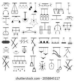 Ceiling lamp icon set. Silhouette ceiling lamps light for home appliance indoor furniture. Vector stock illustration of pendants. Black vector lamps isolated on white. Interior furniture icons. 