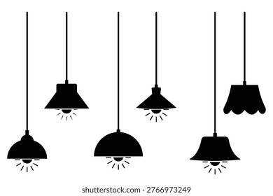 Ceiling lamp icon vector. Modern interior lighting silhouette. Set of glowing hanging lamps vector. Vector illustration.