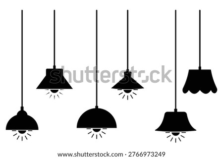 Ceiling lamp icon vector. Modern interior lighting silhouette. Set of glowing hanging lamps vector. Vector illustration.