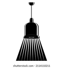 Ceiling lamp. Large ceiling light, imitation of a bell. Single lampshade for indoor lighting. Bright lighting, a beam of light. Lamp design. Vector icon, glyph, silhouette, isolated