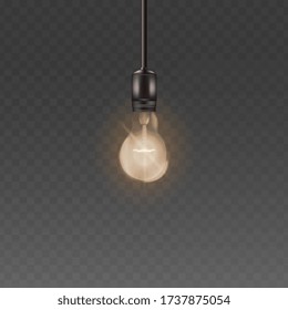 Bombilla de luz de la lámpara de techo con luz cálida brillante, lámpara de vidrio de estilo loft realista con electricidad y cable brillante colgando de la parte superior, ilustración vectorial aislada en fondo transparente