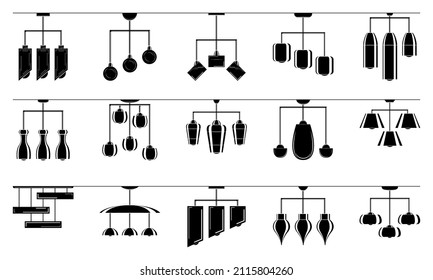 A ceiling lamp made of several elements of different shapes, a chandelier for lighting the room. Home interior. Lamp design.  Set of vector icons, glyph, isolated