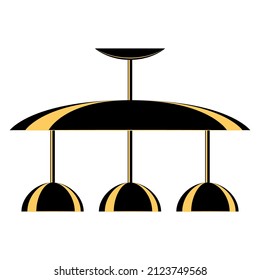 A ceiling lamp made of three plafonds. One large lampshade and three small ones. Hanging chandelier for lighting in the home and office. Vector icon, black, yellow, silhouette, flat, isolated