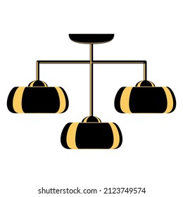 A ceiling lamp made of three plafonds. Semicircular lampshade. Hanging chandelier for lighting in the home and office. Lamp design. Vector icon, black, yellow, silhouette, flat, isolated