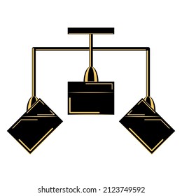 A ceiling lamp made of three plafonds. Lampshade at different angles. Hanging chandelier for lighting in the home and office. Lamp design. Vector icon, black, yellow, silhouette, flat, isolated