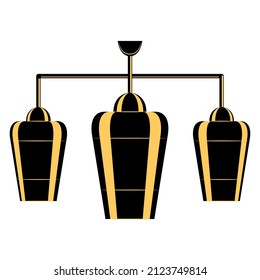 A ceiling lamp made of three plafonds. Cylinder lampshade. Hanging chandelier for lighting in the home and office. Lamp design. Vector icon, black, yellow, silhouette, flat, isolated