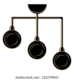 A ceiling lamp made of three plafonds. The same round lampshade. Hanging chandelier for lighting in the home and office. Lamp design. Vector icon, black, yellow, silhouette, flat, isolated