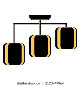 A ceiling lamp made of three plafonds. The same square lampshade. Hanging chandelier for lighting in the home and office. Lamp design. Vector icon, black, yellow, silhouette, flat, isolated