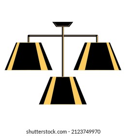 A ceiling lamp made of three plafonds. The same classic lampshade. Hanging chandelier for lighting in the home and office. Lamp design. Vector icon, black, yellow, silhouette, flat, isolated