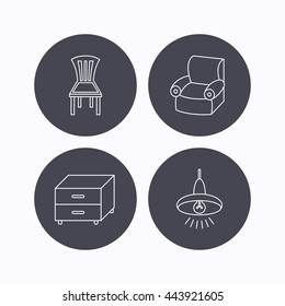 Ceiling lamp, nightstand and armchair icons. Chair linear sign. Flat icons in circle buttons on white background. Vector