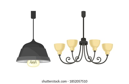 Ceiling Lamp as Piece of Furniture Providing Illumination Vector Set