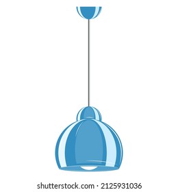 Ceiling lamp. Semicircular blue lampshade with a light bulb. Lamp design for a fashionable interior. Vector icon, flat, cartoon, color, isolated