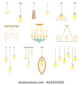 Ceiling lamp set isolated on white background. Interior chandelier light design vector illustration. Interior decoration modern and classic style. Turn on 
