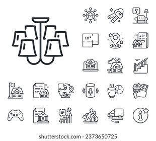 Deckenleuchte-Zeichen. Grundriss, Treppen und Lounge-Umrisse. Lüster-Symbol. Innenbeleuchtungssymbol. Kronleuchter. Hypothek, verkaufen Gebäude Ikone. Vektorgrafik