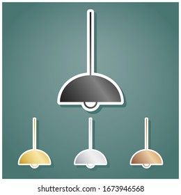 Deckenleuchte-Zeichen. Satz von metallischen Symbolen mit grauem, goldenem, silbernem und bronzem Farbverlauf mit weißer Kontur und Schatten auf viridfarbenem Hintergrund. Illustration.