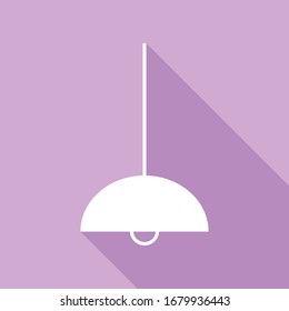 Señal de la lámpara de techo. Icono blanco con una larga sombra en fondo morado.  Ilustración.