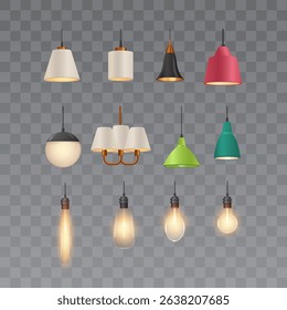 Ceiling lamps with different lampshade and light bulb. Modern hanging chandelier switch on. Vector illustrations set on transparent background. Realistic loft interior electric illumination design