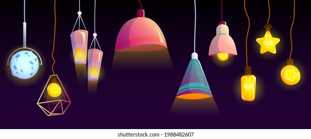 Ceiling lamps, glowing electric bulbs, incandescent modern lightbulbs of different shapes and design hanging from above. Light equipment isolated on black background. Cartoon vector illustration, set