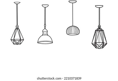 Ceiling lamps or Hanging Lamp outline black and white for industrial loft style, modern and vintage furniture interior of restaurant, living room. Cartoon sketch flat Vector illustration on white blac