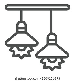 Ceiling lamps line icon, exhibition concept. Vector graphics. Pendant bright lightbulb, floodlight sign on white background, outline style icon for mobile or web design