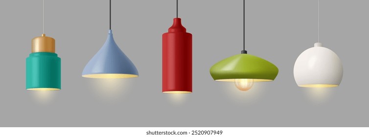 Ceiling lamps, living rooms lighting equipment, glowing objects with colorful plafonds, vintage kitchen lightening devices. Vector modern illumination devices, lightening equipment