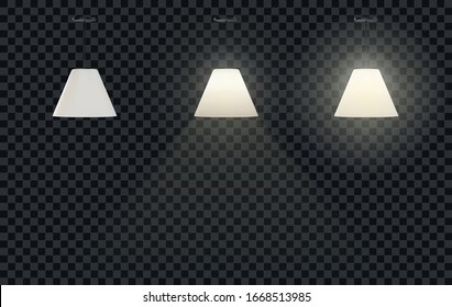 Ceiling lamps set. Vector flat illustration. Modern turned on and off hanging lamps with white lampshades