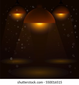 Ceiling lamps with spotlights and falling snowflakes