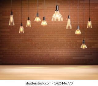 Ceiling light bulbs in empty room with brown brick wall realistic background vector illustration