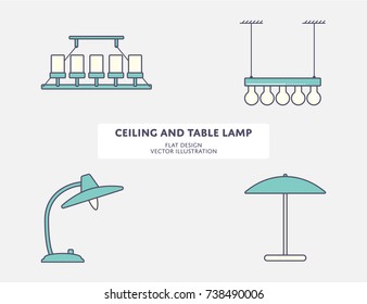 Ceiling light and classic table lamp. Flat stroke design Vector illustration