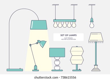 Ceiling light, floor and table lamp. Big set. Flat stroke design Vector illustration