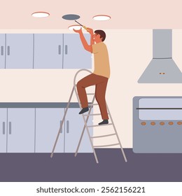 Ceiling light installation. Electrician installing, adjusting electrical lamp during home renovation. Worker on ladder fixing overhead lightbulb. Hand drawn vector illustration .