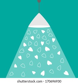Ceiling light lamp with ray of light and hearts. Flat design. Love card. Vector illustration