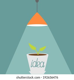 Ceiling light lamp with ray of light and plant. Idea growth concept. Flat design.  Vector illustration