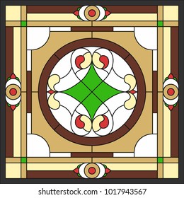 Ceiling panels stained glass window. Abstract Flower, swirls and leaves in square frame, geometric ornament, symmetric composition, stained glass tiffany technique, classic style. Vector
