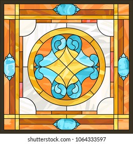 Ceiling panels stained glass window. Abstract Flower, swirls and leaves in square frame, geometric ornament, symmetric composition, tiffany technique, classic style. Vector